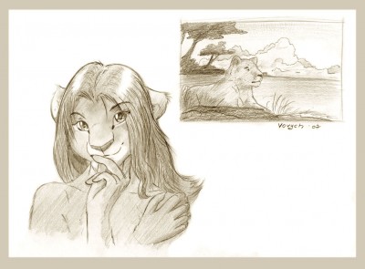 Львенка без имени, пока что. Справа набросок в реализме, отражающий разность приемов в рисовке моих львов.